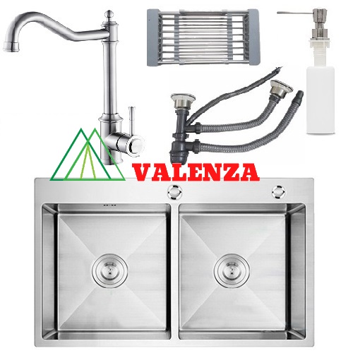 Combo chậu rửa bát Valenza sus304 hai hố cân 7843, vòi rửa bát Valenza sus304 cổ điển 2 đường nước, rổ inox, bình xà phòng