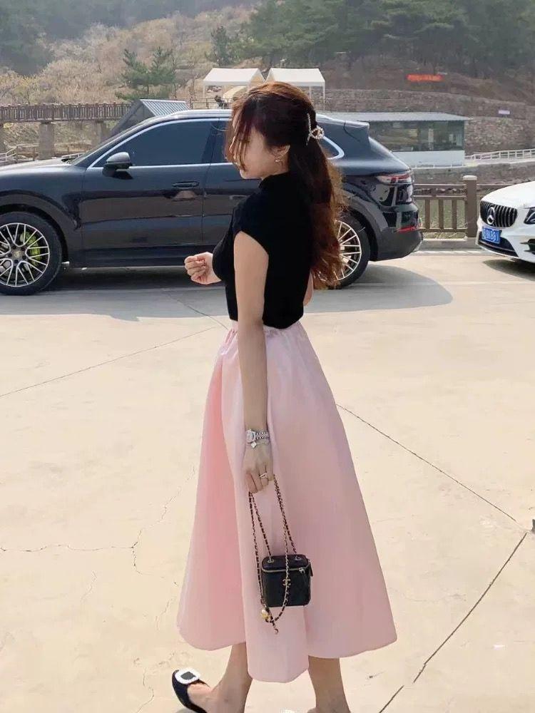 TOBE1SHOP Pháp Hepburn phong cách màu hồng nửa người váy nữ mùa hè eo cao váy dài chữ A nửa váy rộng dù váy nhỏ mùa hè