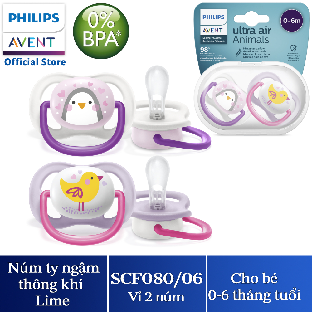 Núm ty ngậm thông khí Philips Avent hình thú (phiên bản Lime) cho trẻ từ 0-6 tháng tuổi _ vỉ đôi