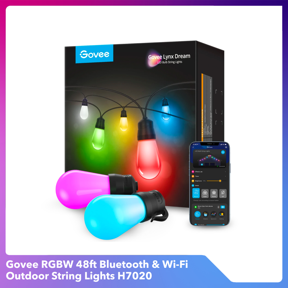 Đèn treo ngoài trời Govee RGBW 48ft Bluetooth &amp; Wi-Fi Outdoor String Lights H7020 | Thiết kế hiện đại | Khả năng chống thấm nước | Dễ dàng thao tác và lắp đặt