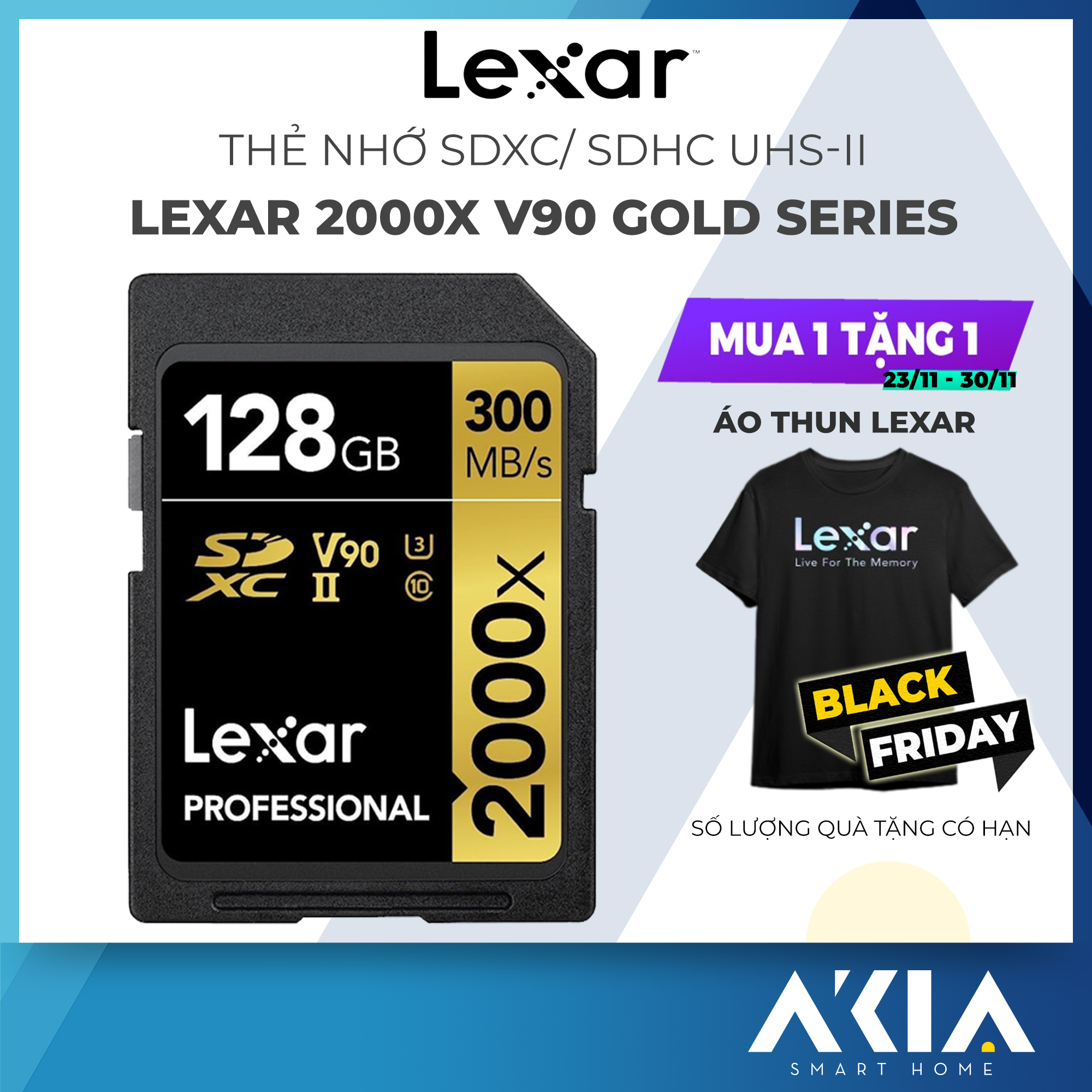 Thẻ nhớ máy ảnh/ quay phim SDHC /SDXC UHS-II Lexar Professional 2000x GOLD Series, chất lượng lưu 8K, tốc độ đọc 300Mb/s - Hàng chính hãng