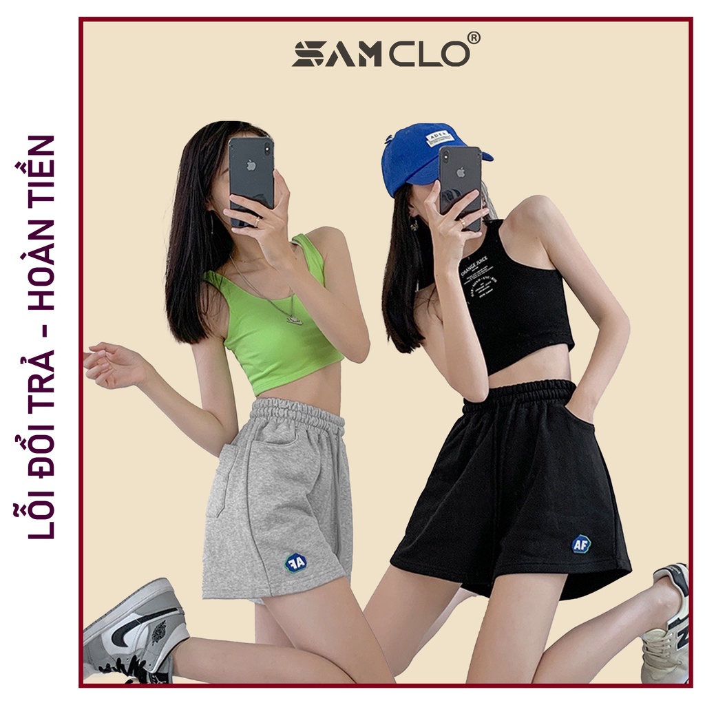 Quần đùi SAM CLO - Quần short nam nữ freesize dáng rộng chất thun trơn da cá phong cách Hàn Quốc THÊU CHỮ FA
