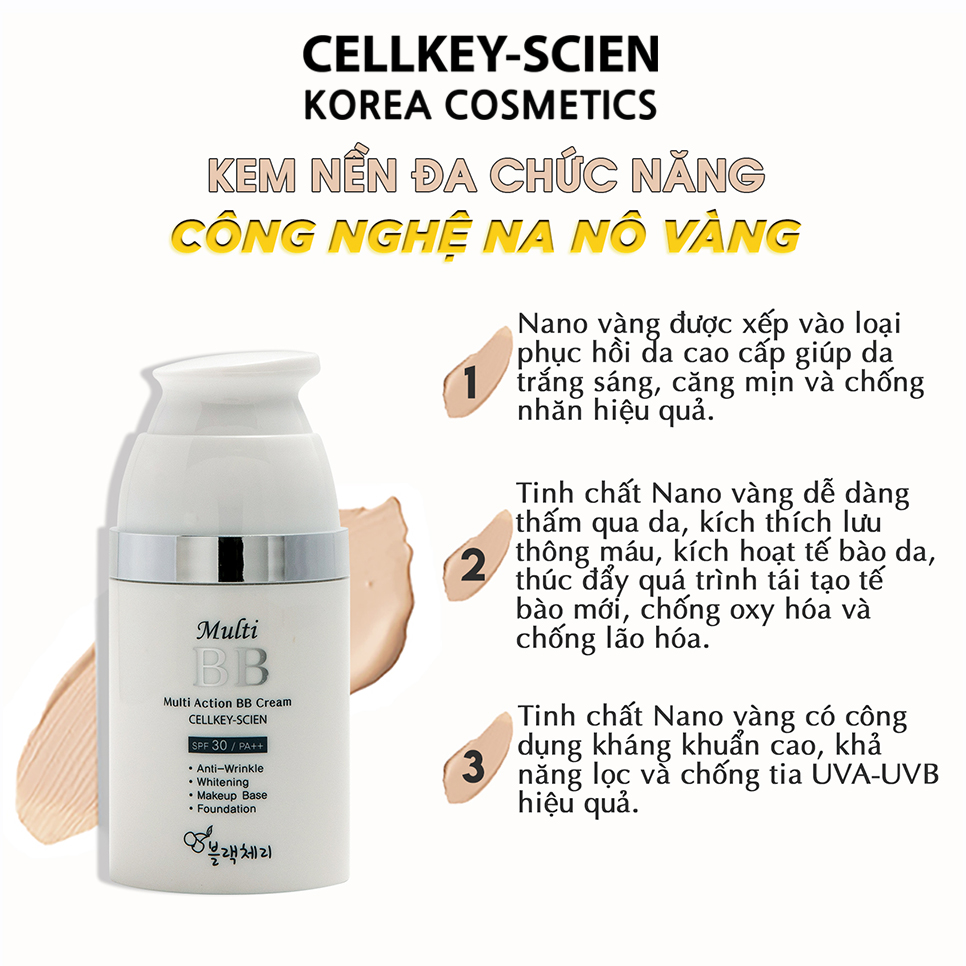 Kem Nền Che Khuyết Điểm Kiềm Dầu Chống Nắng Dưỡng Da Ngăn Ngừa Lão Hóa Công Nghệ Nano Vàng Cellkey-Scien Multi Action BB Cream