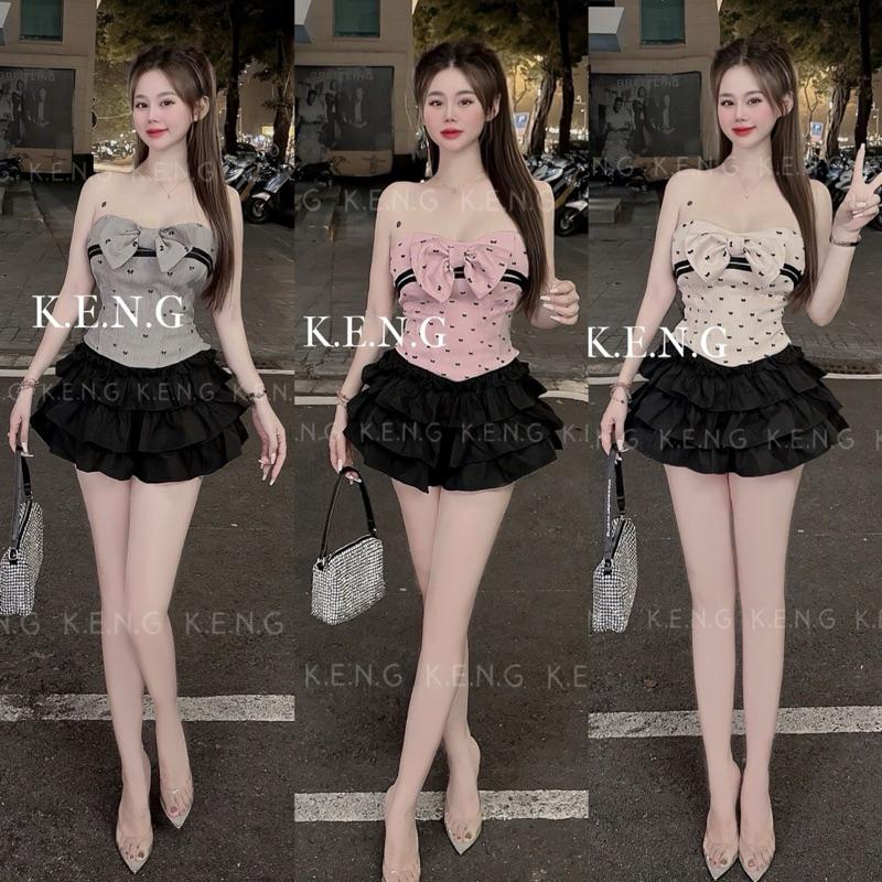 Set áo quây nơ ngực chân váy 3 tầng ngắn xinh BY JOLIE - Hồng