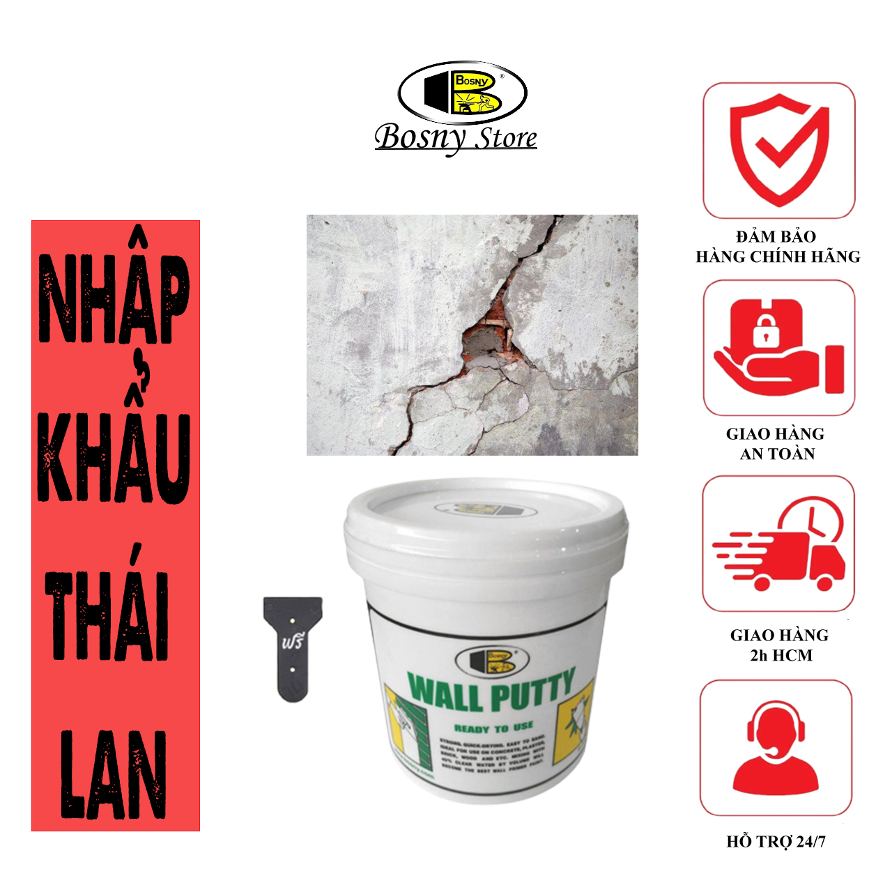 Bột trét tường chống thấm Wall Putty Bosny - Sửa chữa và trang trí tường nhà hiệu quả