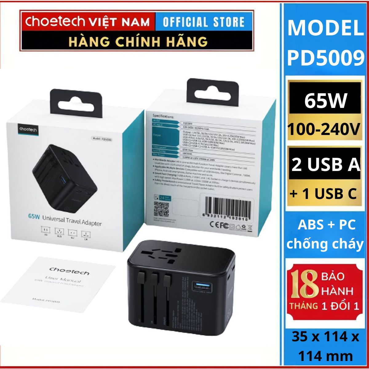 Củ sạc Choetech PD5009 du lịch đa năng công suất cao 65W (2 USB C+ 1 USB A) (Hàng chính hãng)