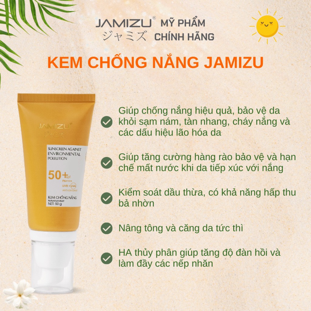 Kem Chống Nắng Chuyên Dùng Cho Da Nhờn Jamizu Nâng Tông, Căng Da, Kiềm Dầu, Chống Trôi Nước SPF 50+/PA+++ 50ml