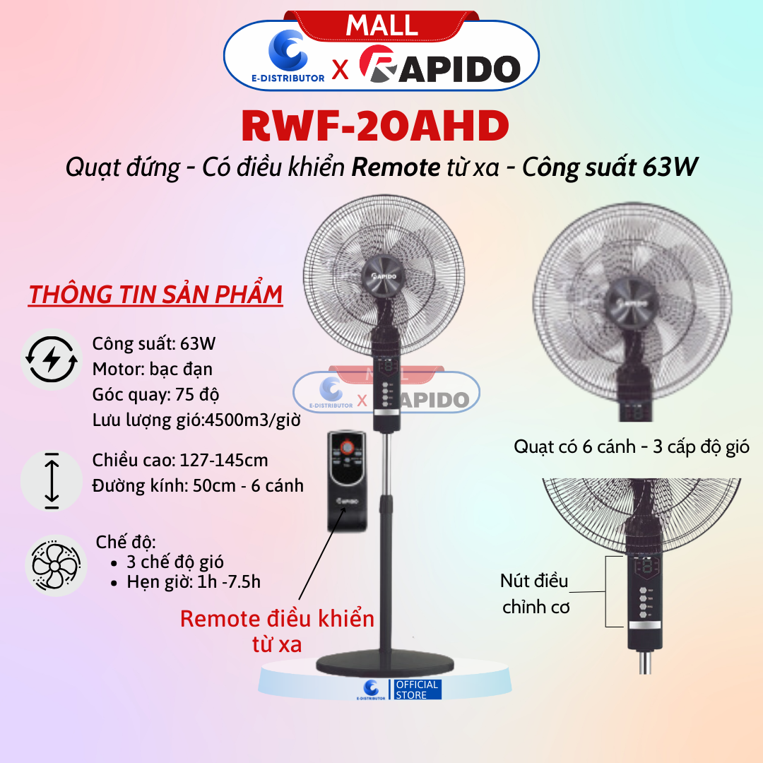 Quạt Đứng Rapido RWF-20AHD - Có Chức Năng REMOTE Điều Khiển Từ Xa - Hàng Chính Hãng - Bảo Hành 12 Tháng - Cao Cấp, Siêu Êm, Kích Thước 50cm, Điều Khiển Cơ, Điện Tử