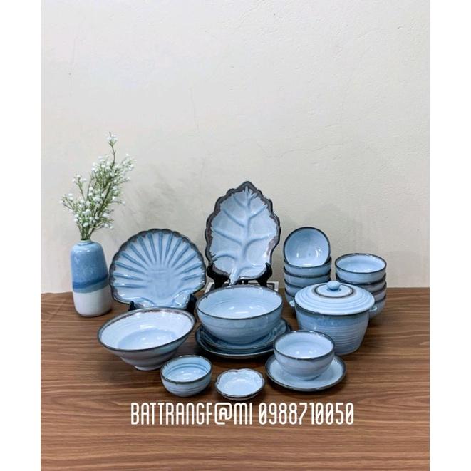 Bộ đồ ăn men xanh biển sứ Bát Tràng