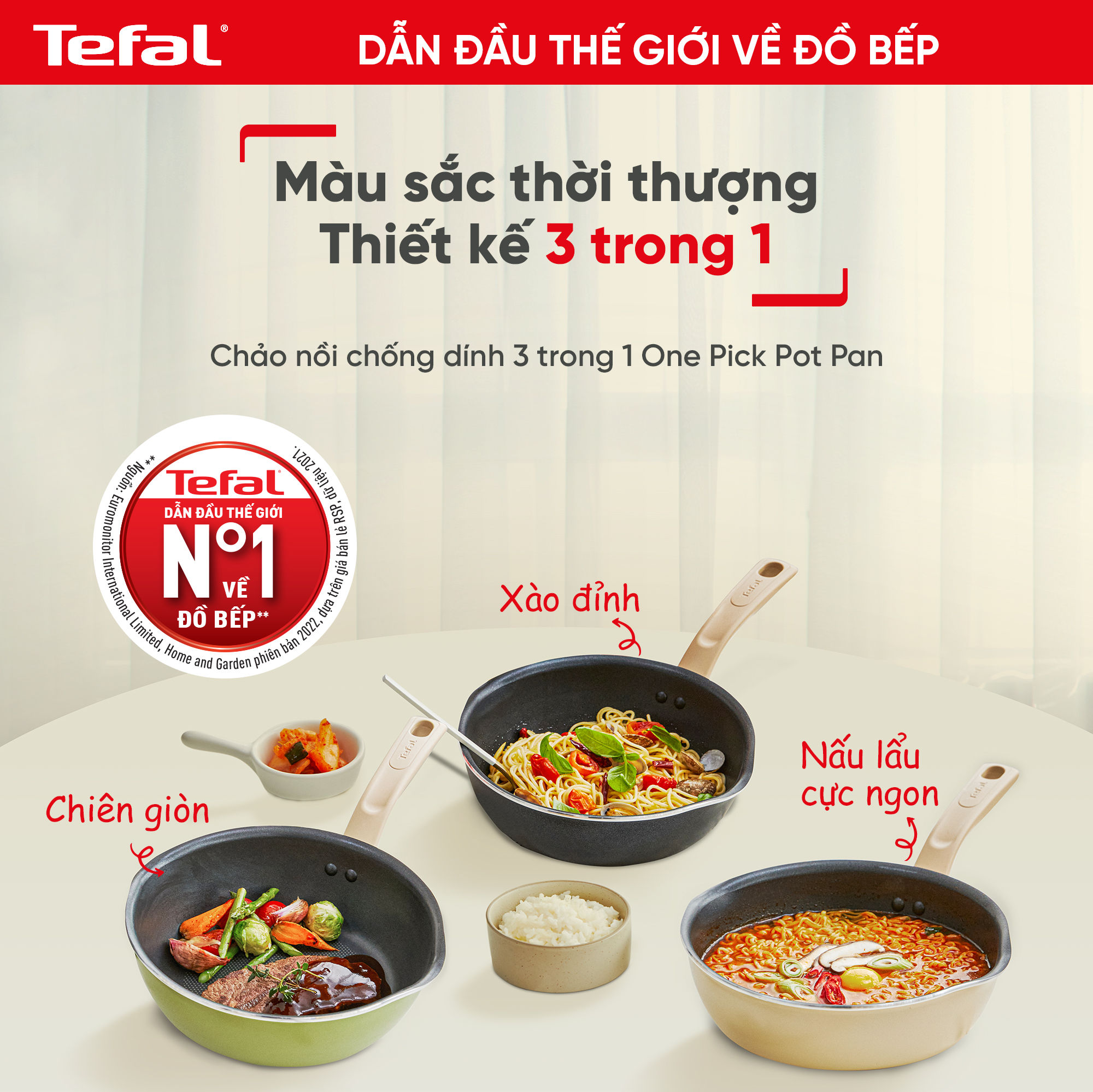 Chảo nồi có nắp chống dính đa năng Tefal One Pick Pot Pan 3 trong 1 - 22cm - Hàng chính hãng