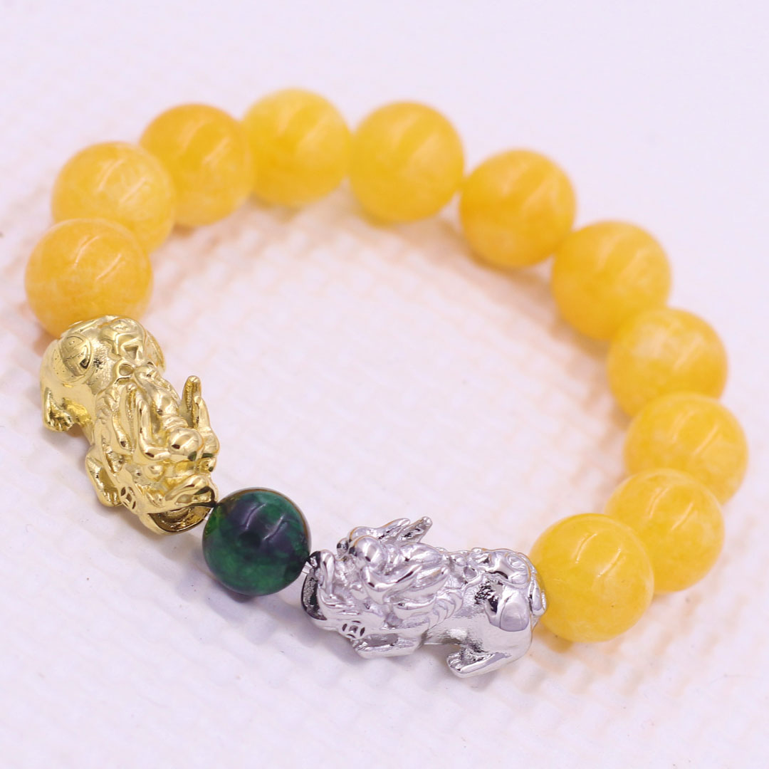 Vòng chuỗi đeo tay đá ngọc tủy vàng 12 ly charm tỳ hưu đôi inox trắng và vàng, vòng chuỗi phong thủy, charm tỳ hưu, vòng tay hạt chuỗi