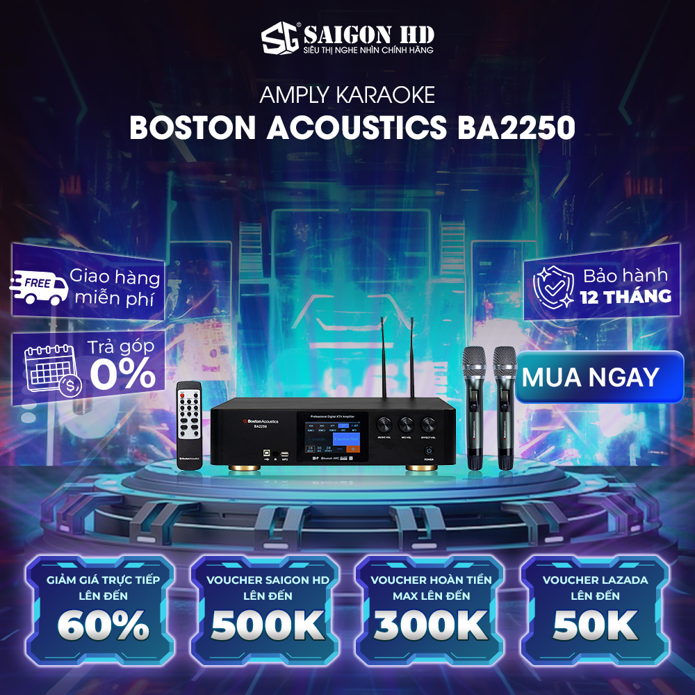 Amply karaoke kỹ thuật số BOSTON ACOUSTICS BA2250 tích hợp micro không dây - Hàng chính hãng, giá tốt