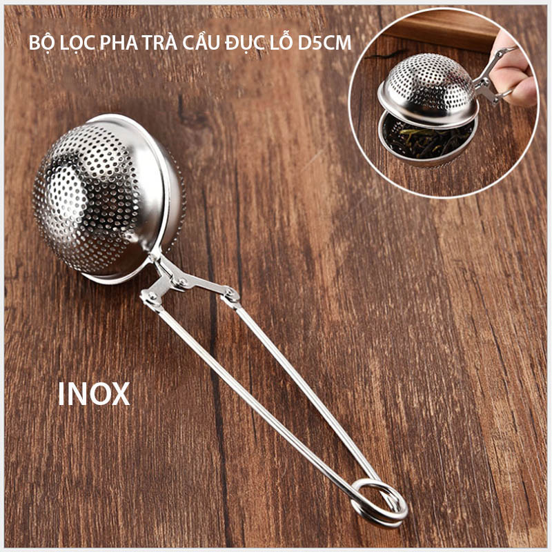 Dụng cụ lọc pha trà có tay kẹp hình cầu loại D5cm làm bằng INOX đục lỗ