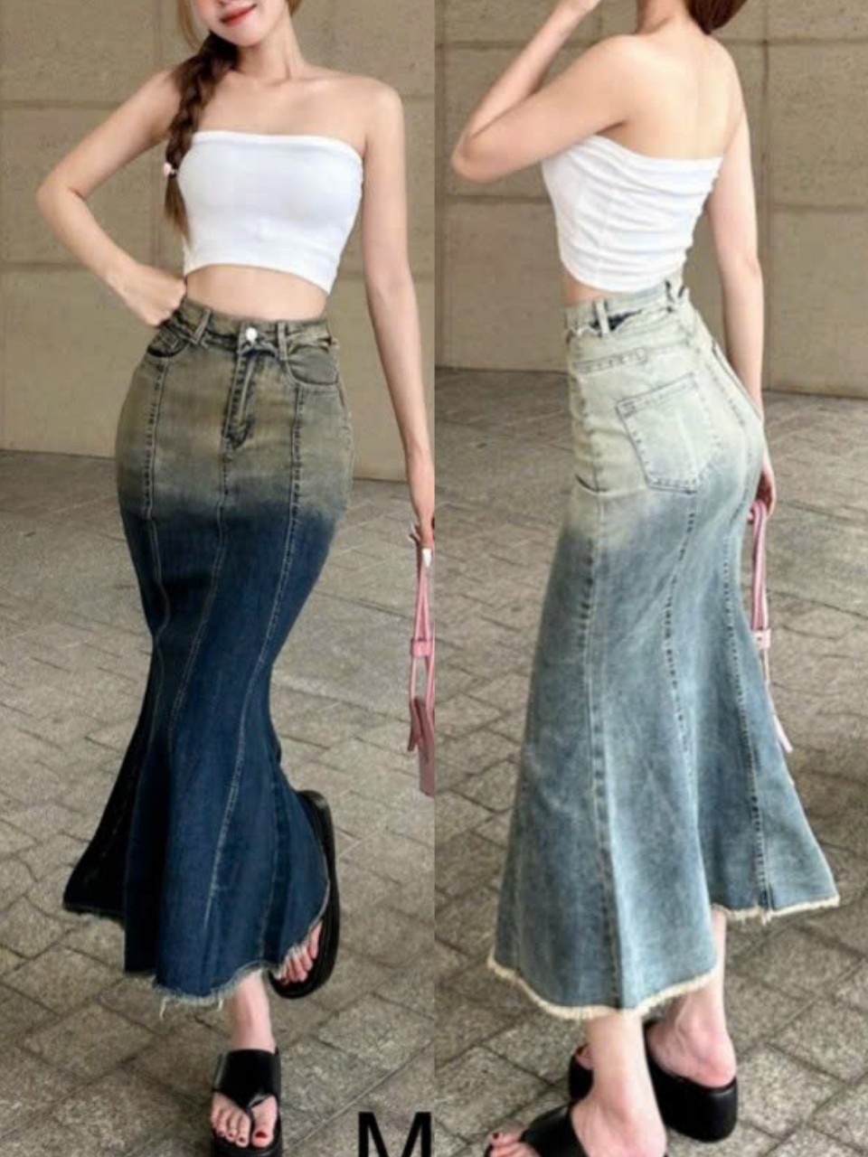Chân váy bò jean dài đuôi cá ôm sát cách điệu ulzzang - Chân váy bò loang màu phong cách trẻ trung năng động