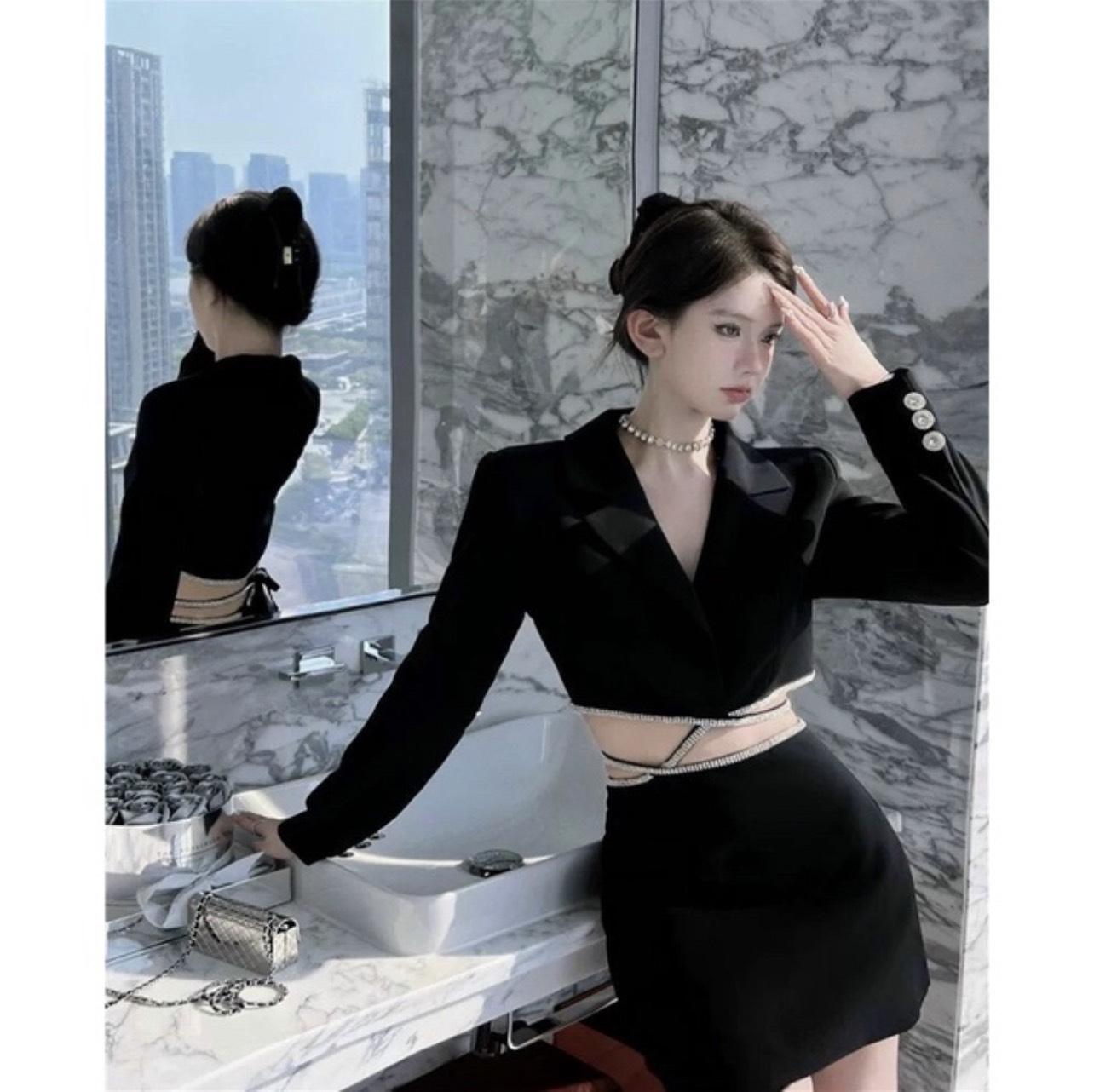 ĐẦM SET ÁO CROPTOP BLAZER / VEST ĐEN DÂY BUỘC EO CƯỜM NHŨ KIM TUYẾN CỔ SƠ MI+ CHÂN VÁY NGẮN MINI ĐI TIỆC ĐI CHƠI DẠO PHỐ