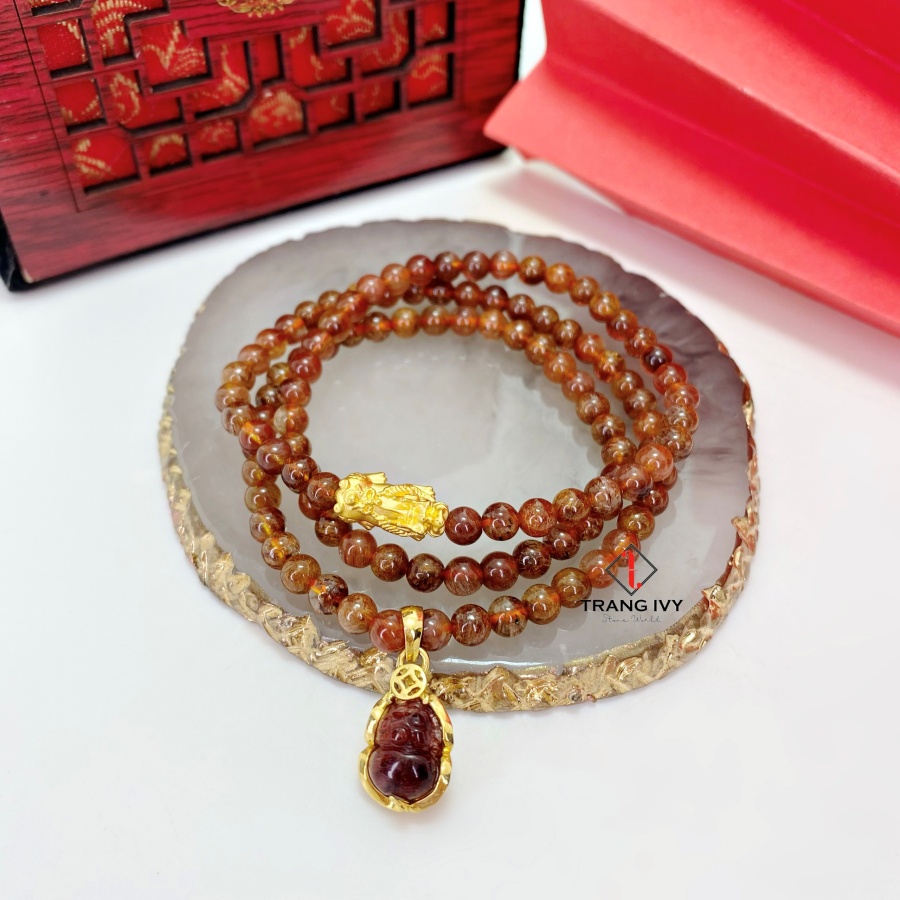 Chuỗi Vòng Tay Thạch Anh Tóc Nâu Mix Charm Tỳ Hưu Vàng 24K Và Tỳ Hưu Thiên Lộc Bọc Vàng 10K