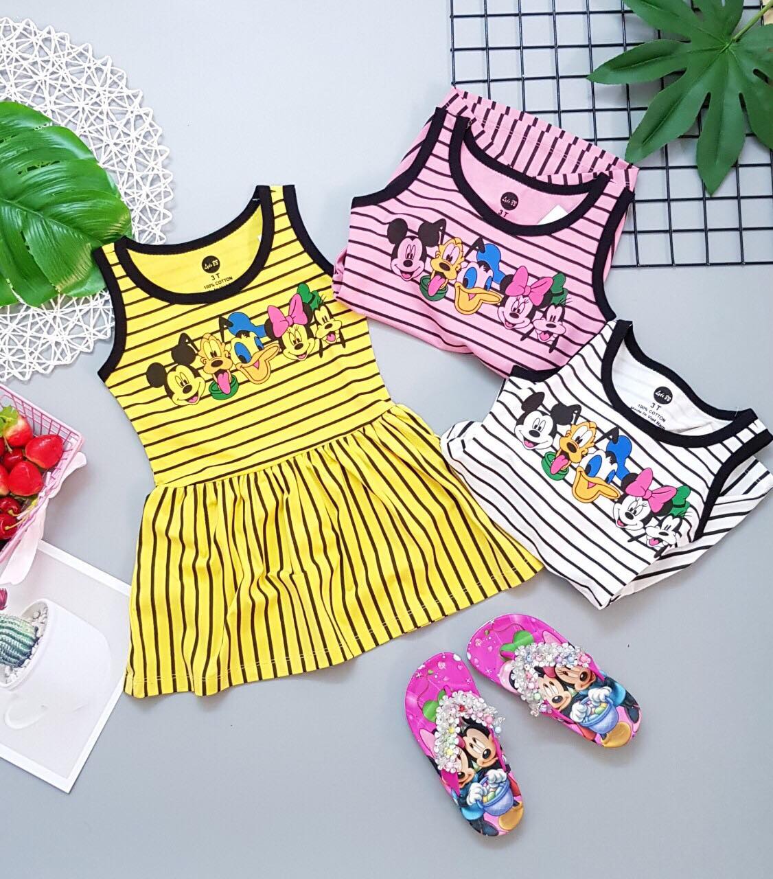ĐẦM THUN SỌC BÉ GÁI IN HÌNH MICKEY