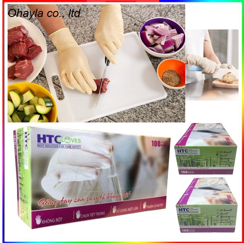 Găng tay y tế HTC cao su Latex, không bột 100 cái/hộp