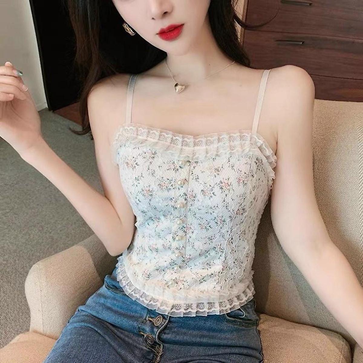 Áo 2 Dây Nữ Ren Hoa Tiểu Thư Đính Hạt Viền Bèo, Chun Sau Dáng Croptop Siêu Sang Chảnh Có Mút Ngực aloha