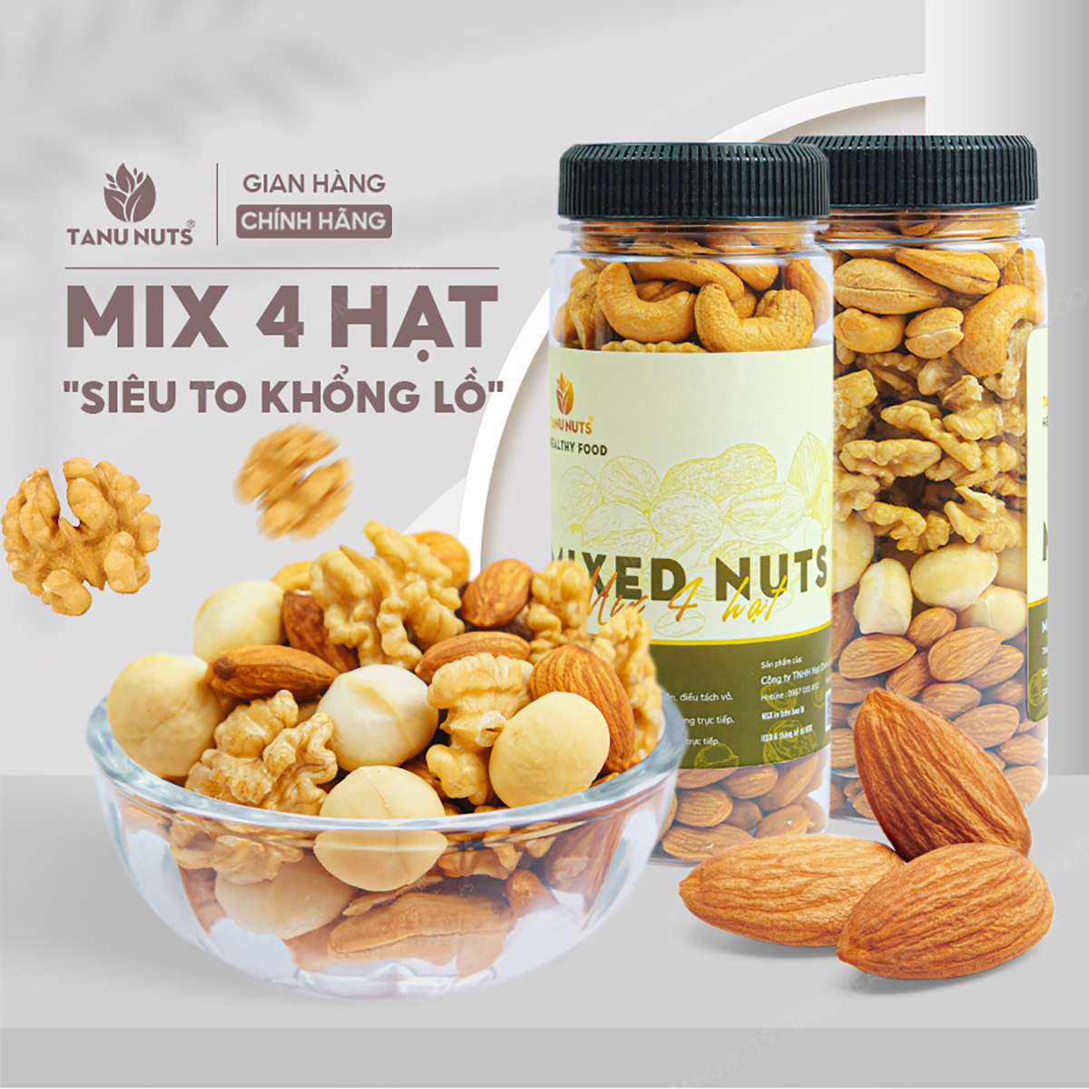 Hạt dinh dưỡng mix 4 TANU NUTS hũ 350gr/500gr, ngũ cốc granola mix hạt dinh dưỡng cho bà bầu.