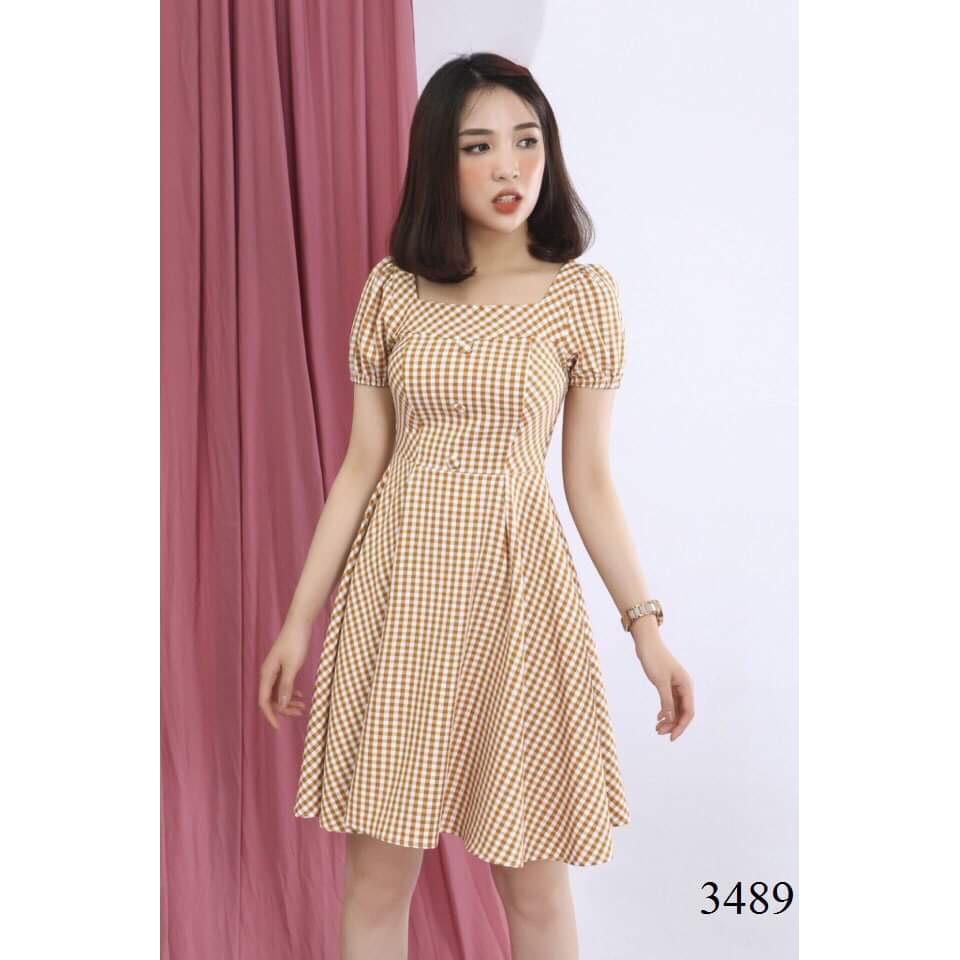 Đầm kate 7 mảnh cổ vuông, tay búp xinh lung linh