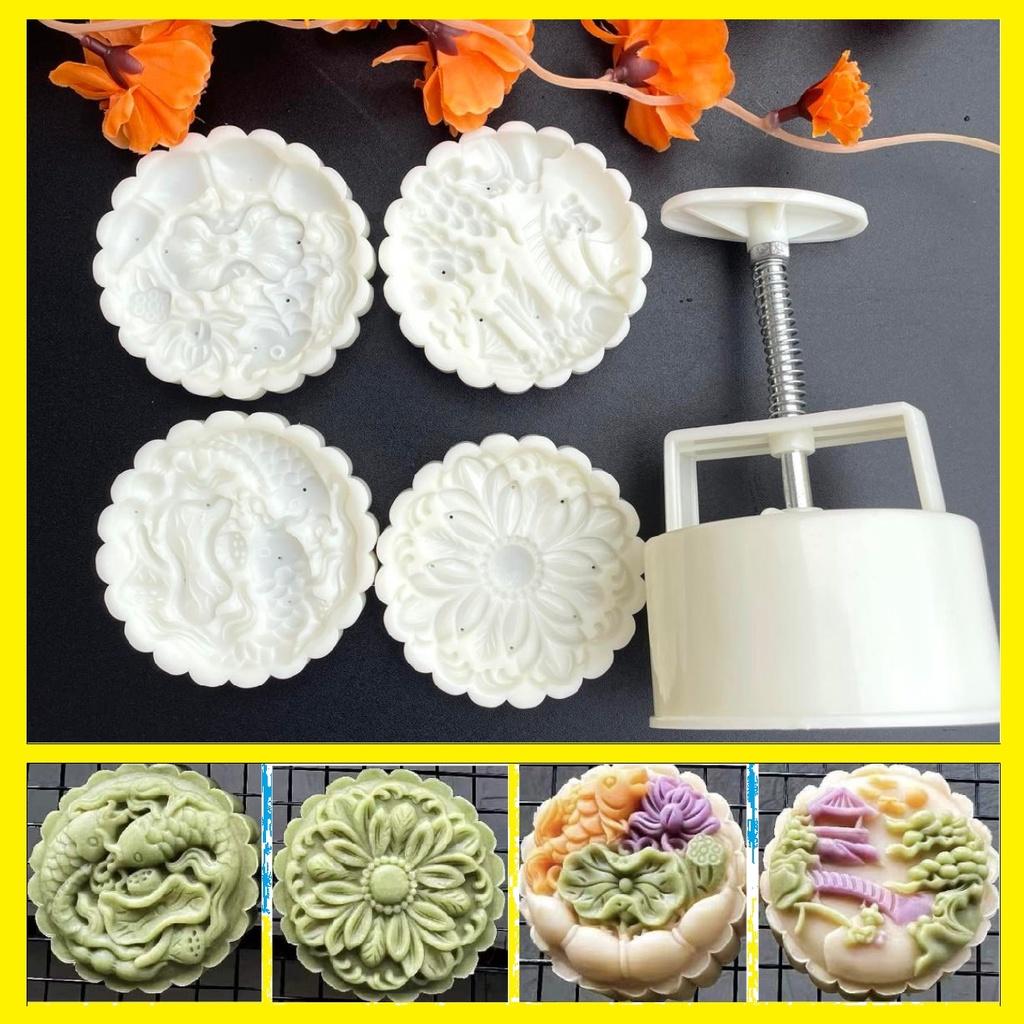 Trung Thu 4 mặt VÂN HOA Sen, Hoa Đồng Tiền, Cá Chép, Non bộ phong thuỷ. Khuôn Bánh nhấn lò xo tạo hình 3D Siêu Sắc