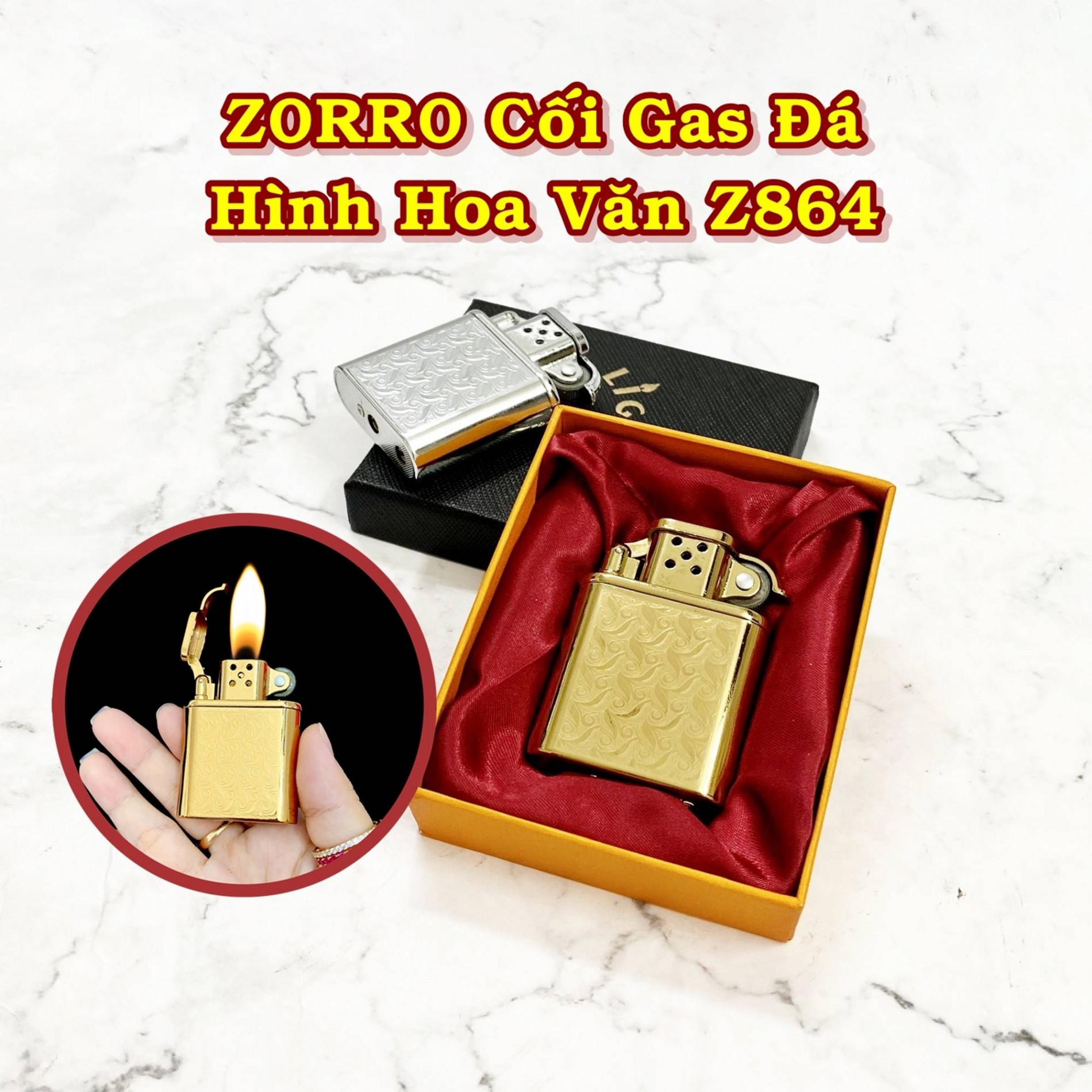 Bật lửa hột quẹt ZORRO cối gas đá hình hoa văn Z864 - xài gas