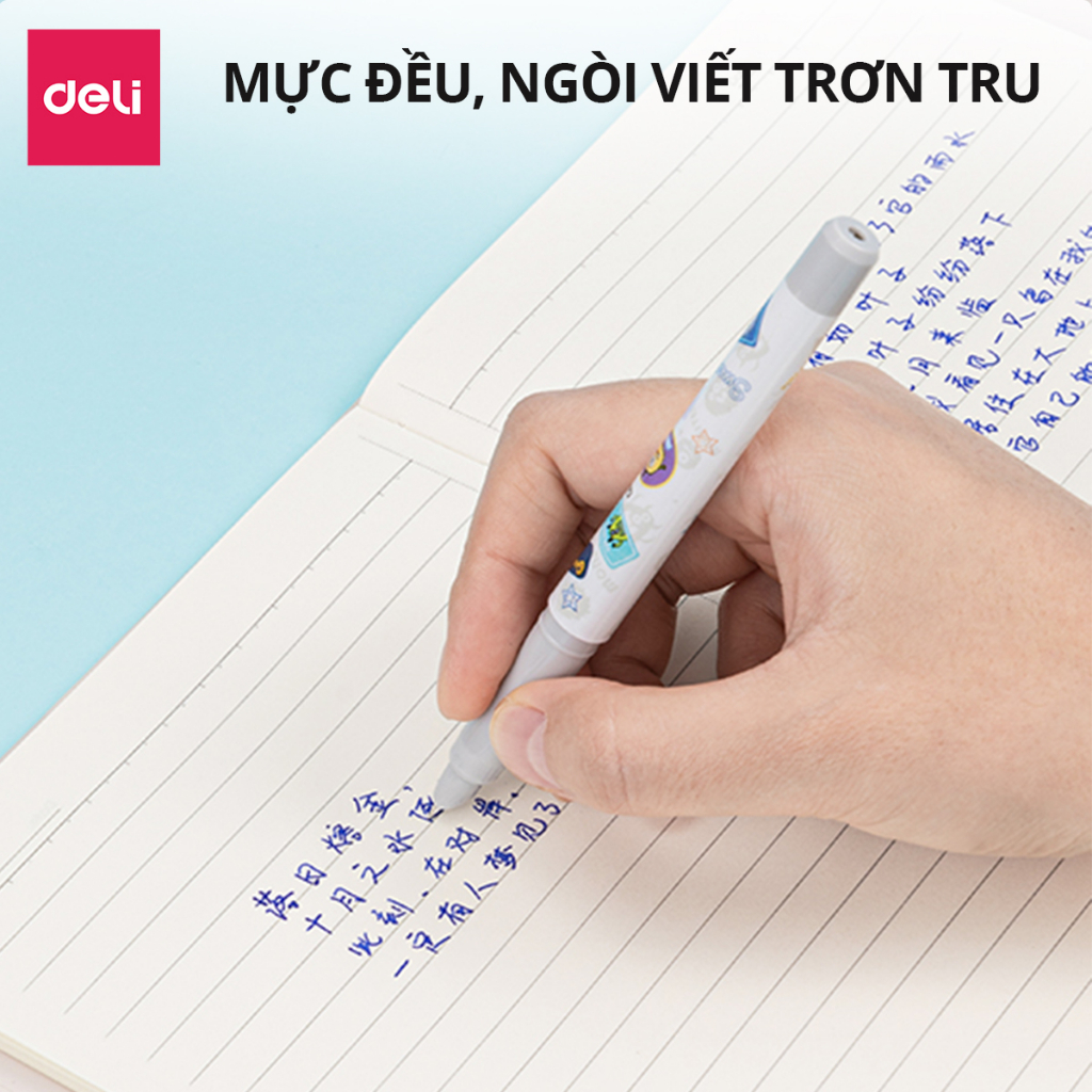 Set 2 bút máy học sinh kèm ống mực xanh cao cấp Deli, bút luyện viết chữ đẹp, tập viết chính tả họa tiết dễ thương