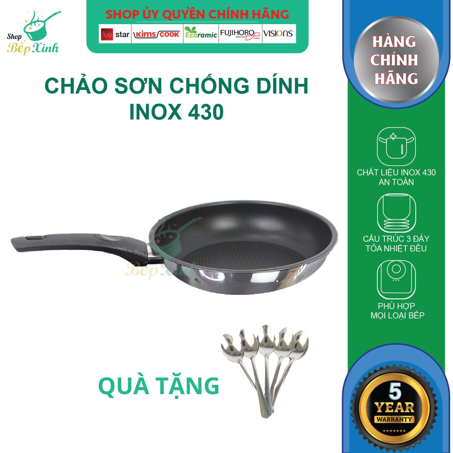 Chảo Chống Dính Bếp Từ Fivestar Tặng 5 Muỗng - Đen