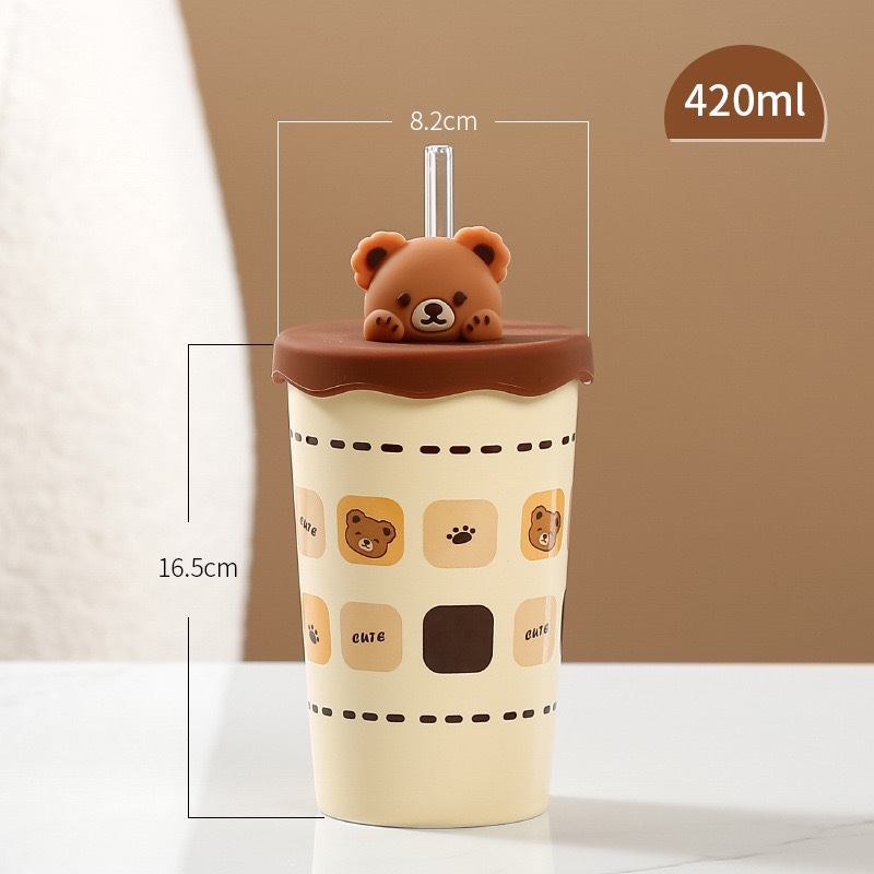 Ly gốm sứ dáng cao đầu gấu kèm nắp silicon dễ thương 420ml