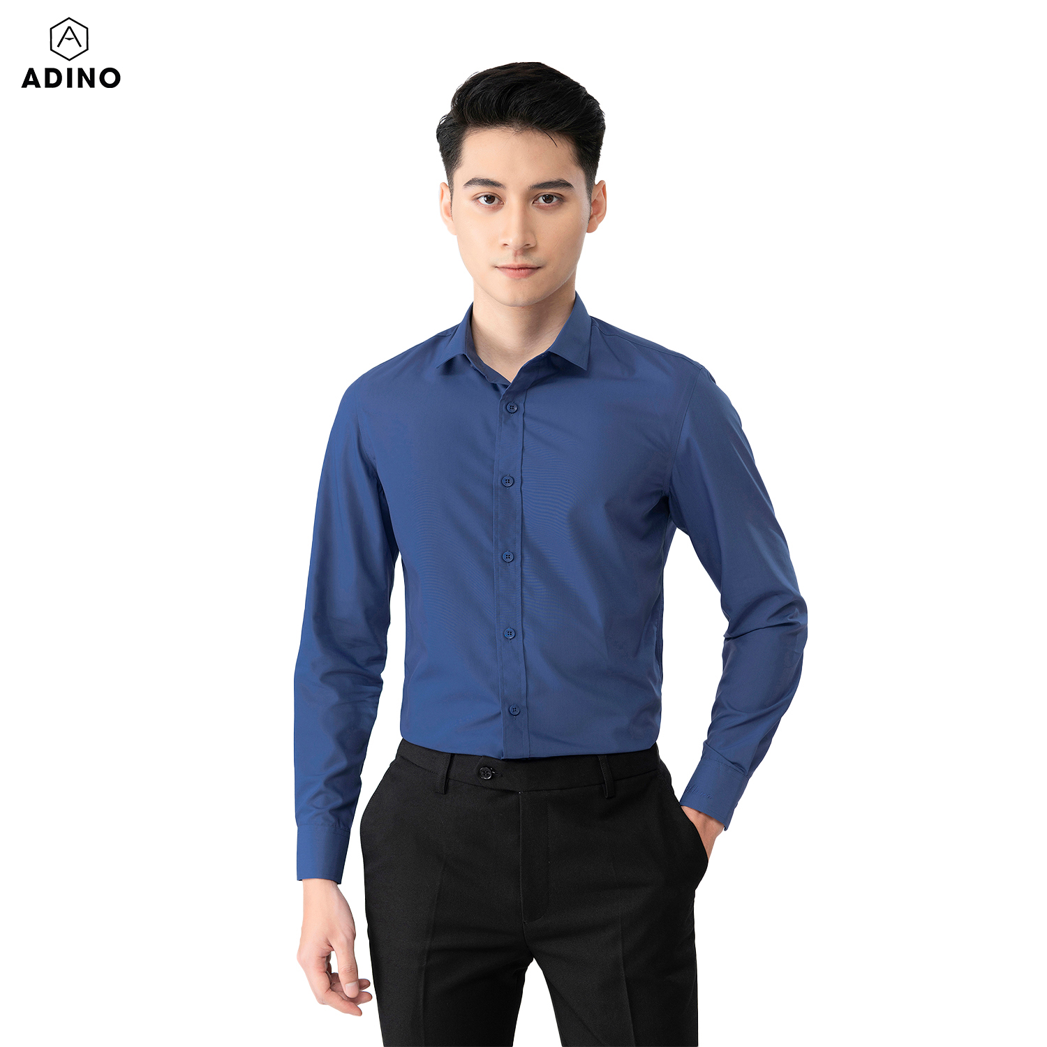 Áo sơ mi nam tay dài ADINO màu xanh than vải sợi sồi modal dáng slimfit trẻ trung S305