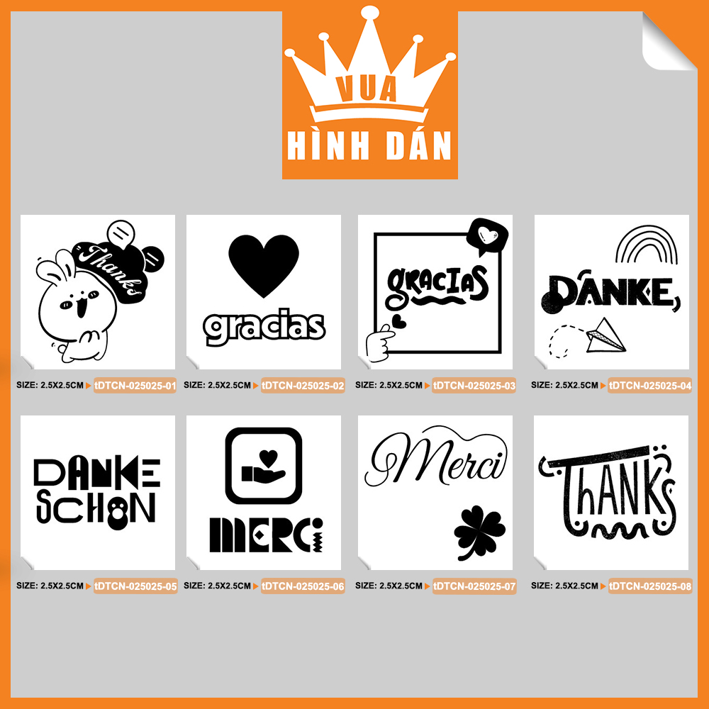 Set 100/200 sticker THANKS, MERCI, DANKE, DANKE SCHON, GRACIAS tem dán mini CẢM ƠN bằng nhiều ngôn ngữ