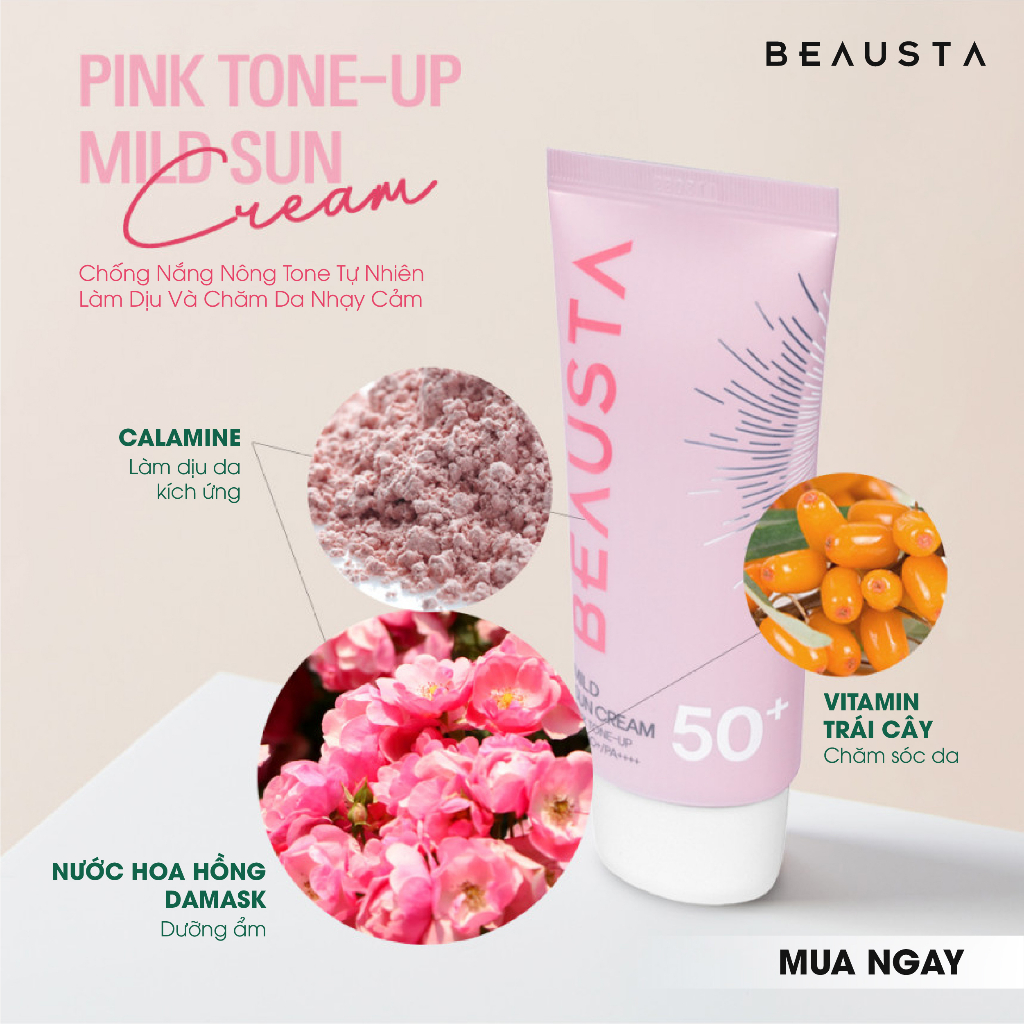 Kem Chống Nắng Dưỡng Ẩm - Làm Sáng Da - Nâng Tone BEAUSTA Mild Sun Cream Pink Tone-up SPF 50+/ PA++++ Tuýp 50g