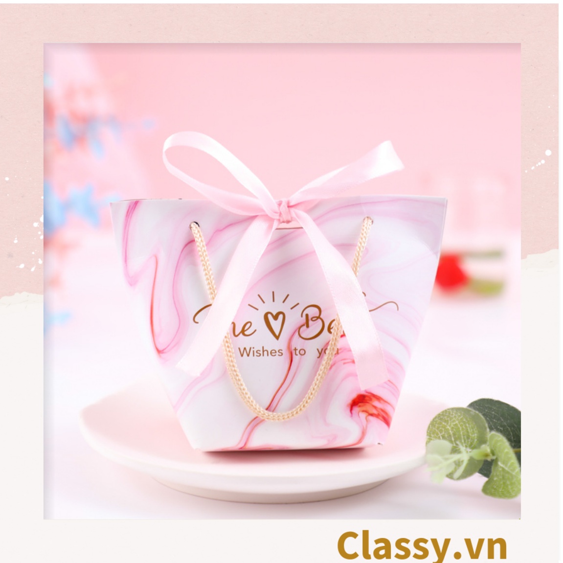 Classy Túi giấy đựng quà thắt nơ in hình dễ thương 14 X 7 X 10 CM đựng son, trang sức, quà tặng đám cưới, lễ tết (Q301)