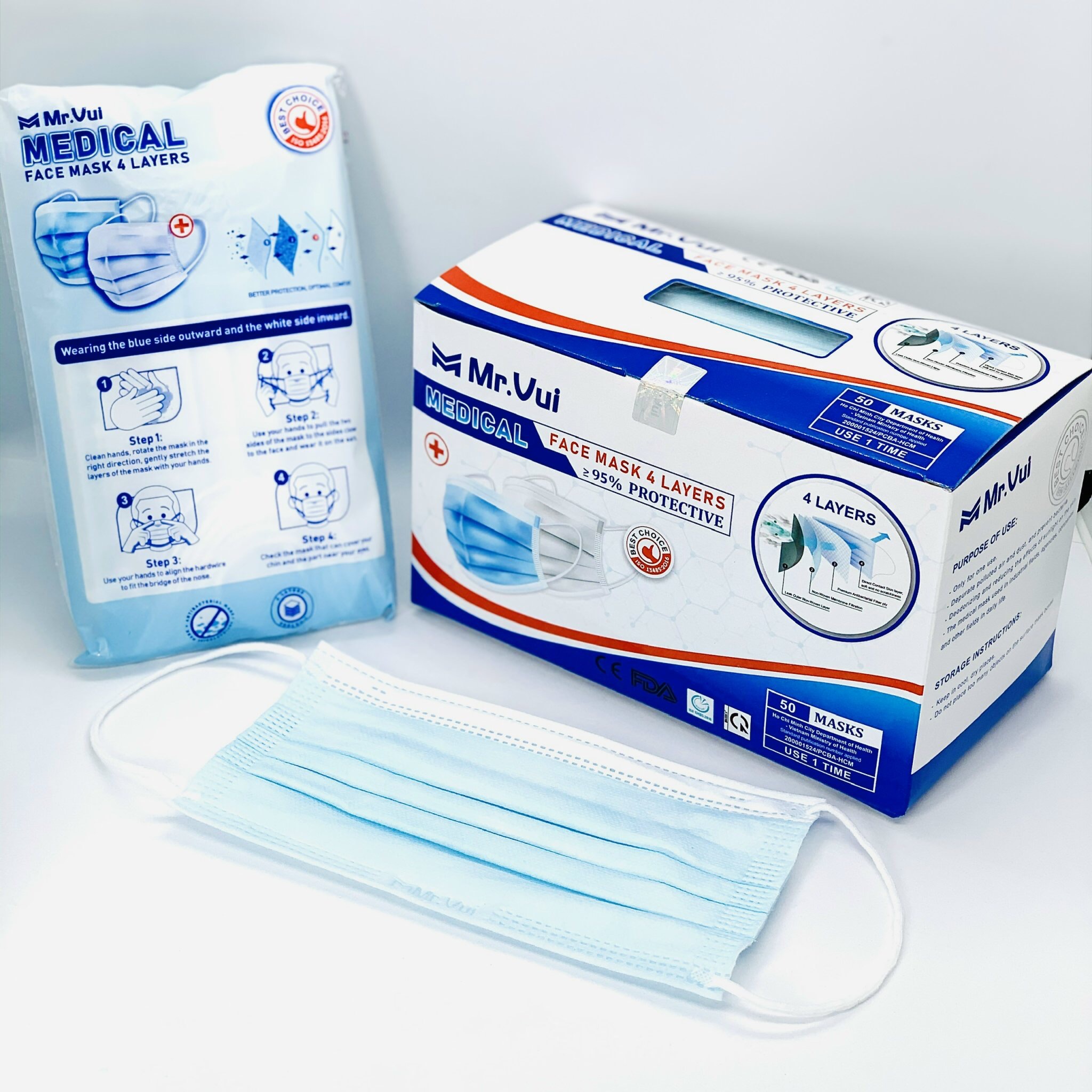 KHẨU TRANG Y TẾ 4 LỚP Mr.VUI - VẢI KHÔNG DỆT KHÁNG KHUẨN – HỘP 50 CÁI - MÀU XANH