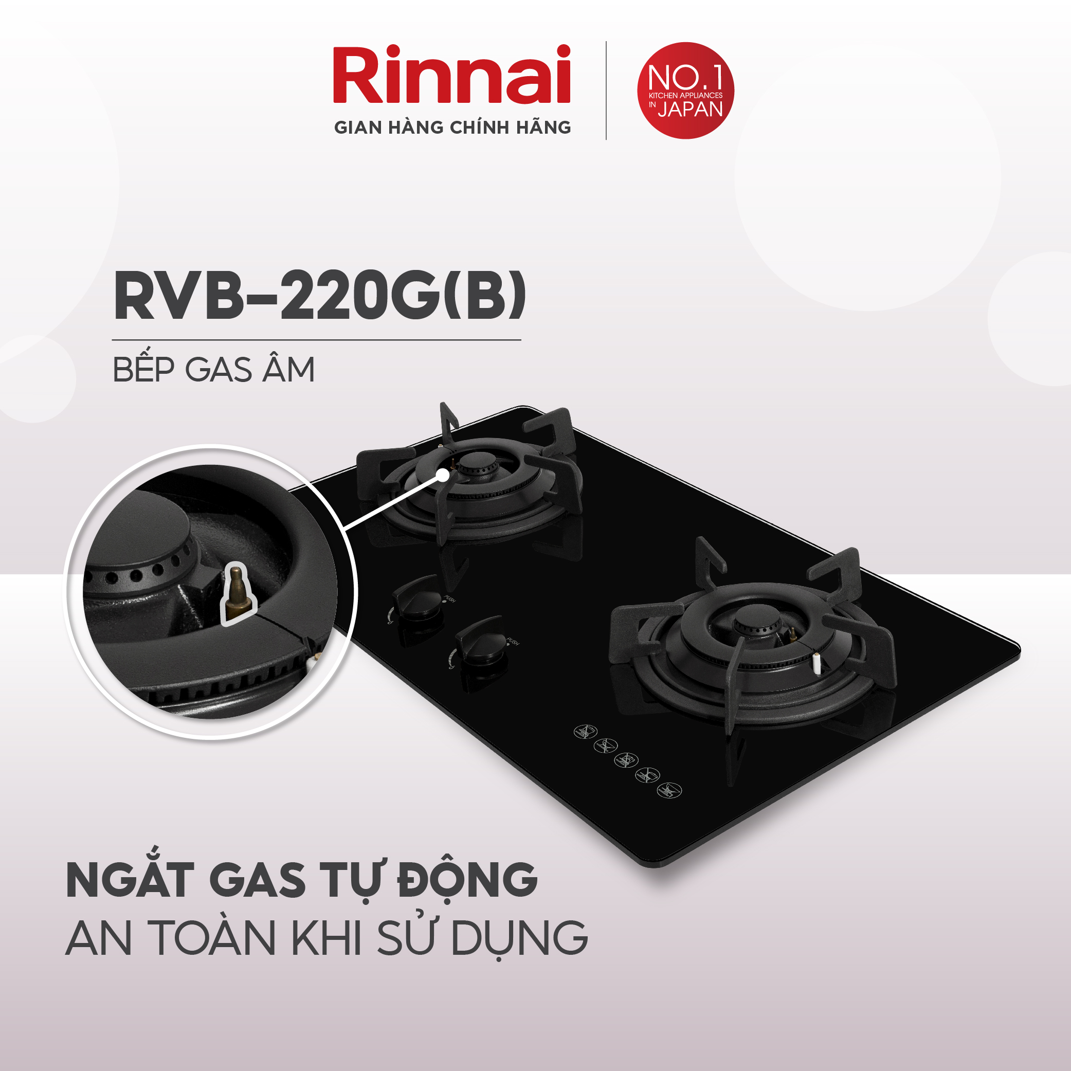 Bếp gas âm Rinnai RVB-220G mặt bếp kính và kiềng bếp gang - Hàng chính hãng.