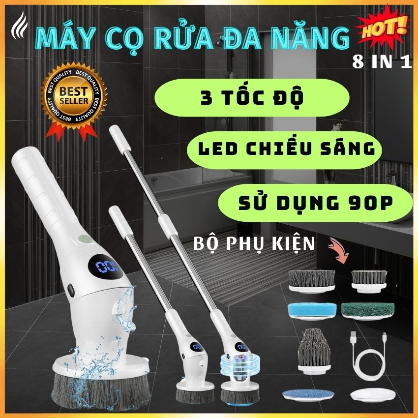 Cây Chà Sàn Nhà Tắm Toilet Bằng Điện Không Dây Thông Minh, Chổi Cọ Nhà Vệ Sinh Bồn Cầu Toilet Không Dây Đa Năng, Bộ Chổi Điện Cọ Rửa Chà Sàn Nhà Vệ Sinh Thông Minh 8 Đầu Thay Thế Tiện Lợi - Hàng chính hãng
