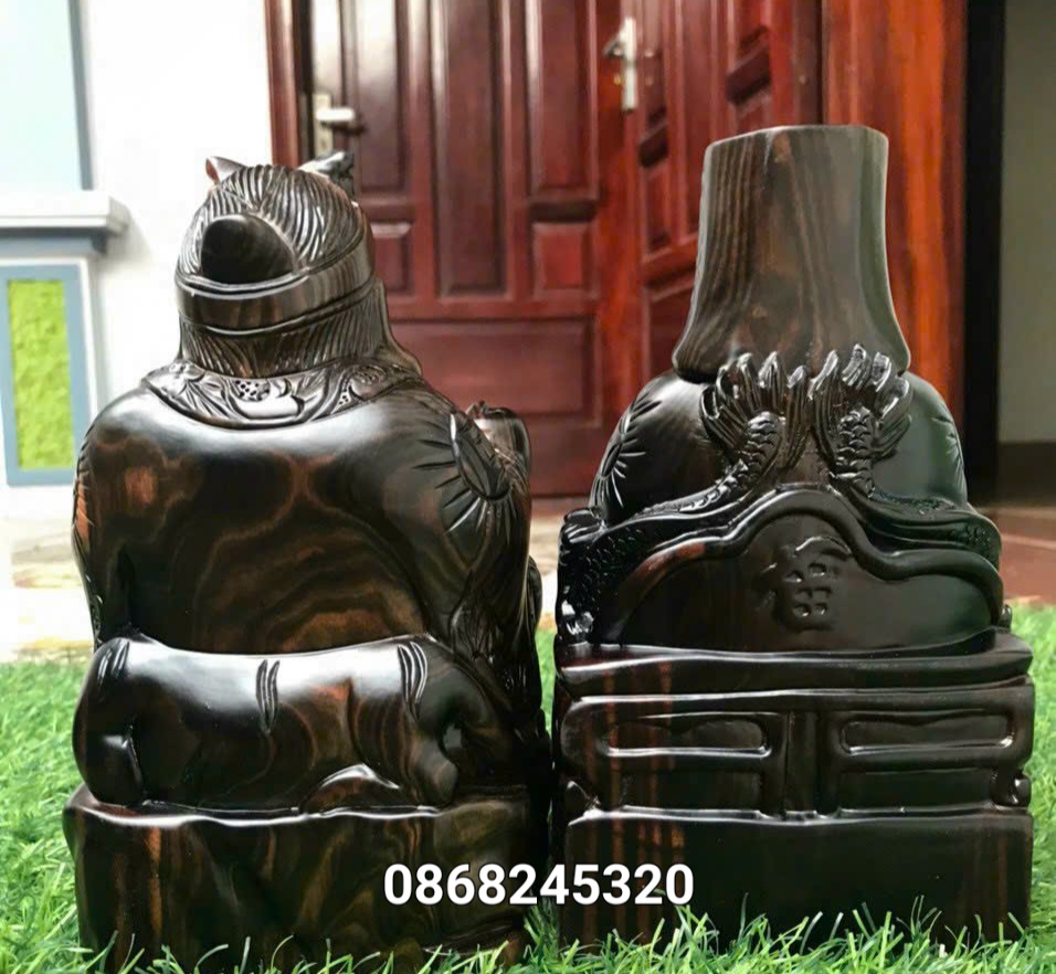 Cặp Tượng thần tài _ thổ địa phong thủy cầu tài ,cầu lộc bằng gỗ mụn hoa cực đẹp kt cao 20×12×8cm
