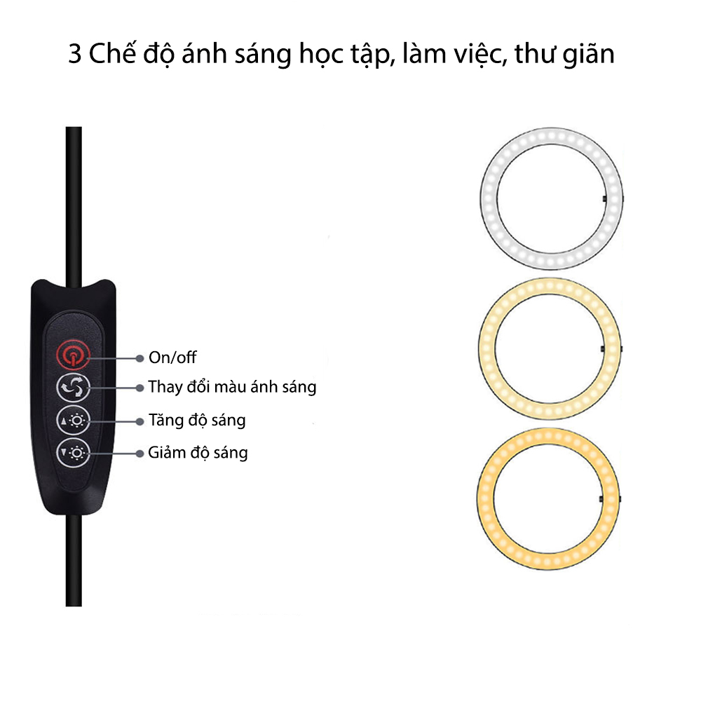 Đèn học và làm việc Kẹp bàn đa năng 3 chế độ sáng Led 5W, Sử dụng nguồn USB 5V.1A - 5V2A