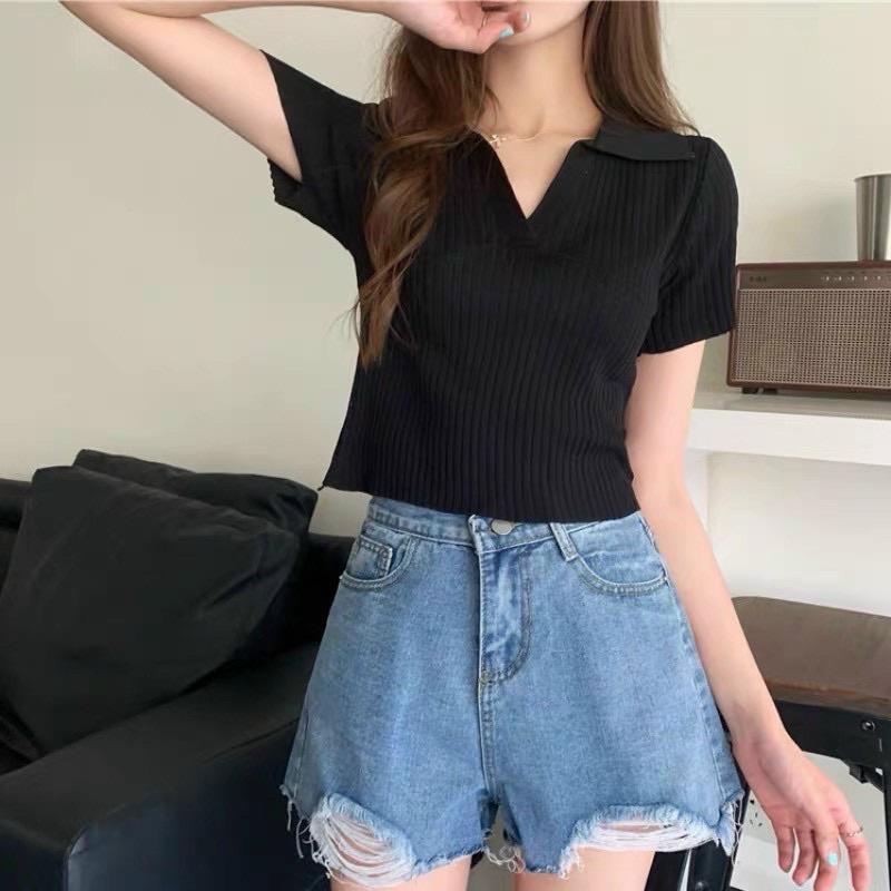 Áo thun nữ croptop polo len tăm kiểu cổ v tay ngắn đẹp - Áo đẹp hàng Quảng Châu cao cấp