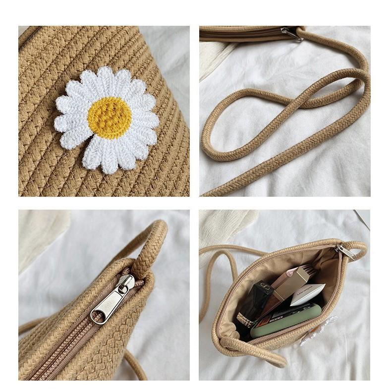 Straw Woven Bag Women's New Small Flower Woven Bucket Bag Mori Style Girl One-Shoulder Messenger Bag