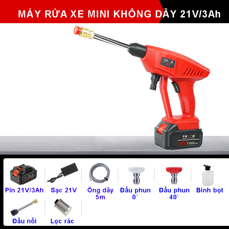 Máy rửa xe di động không dây tuổi thọ cao 21V/3Ah/200W, áp lực nước 22 bar, pin sạc, bơm liên tục 40 phút