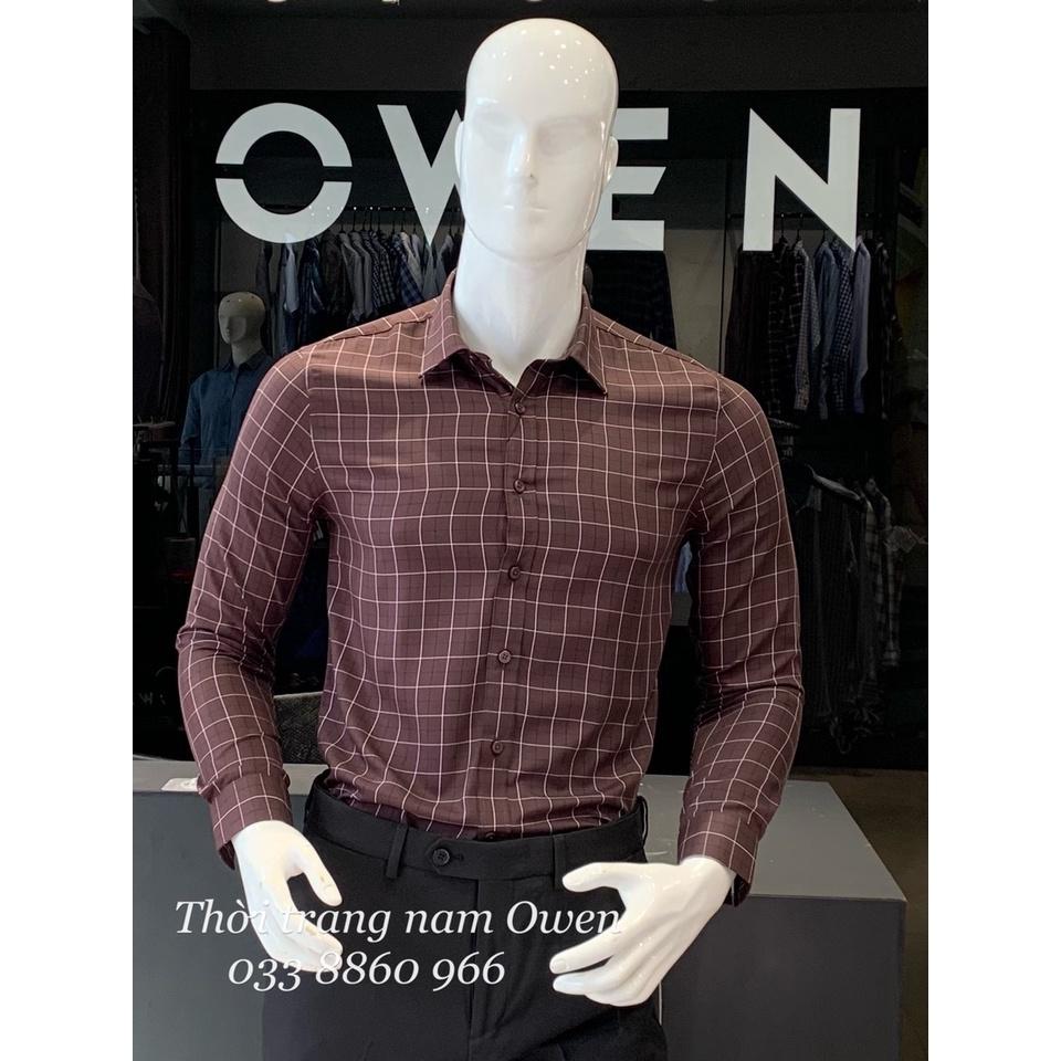 OWEN - Áo sơ mi dài tay Owen Slimfit chất sợi tre kẻ ca rô màu nâu 61012