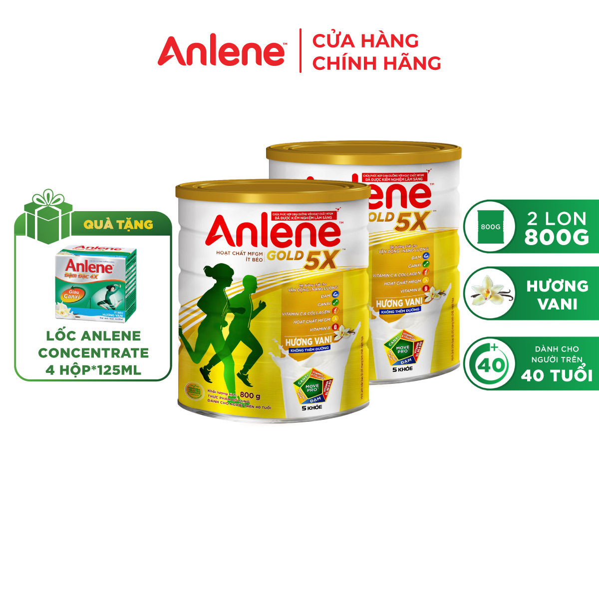 Combo 2 Sữa Bột Anlene Gold 5X Hương Vanilla (Hộp Thiếc 800g) tặng Anlene concentrate 4 lốc*125ml