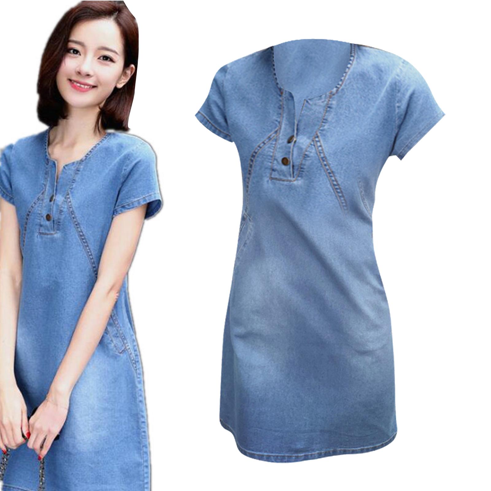 Womens  Denim Dress Spring Summer V Neck Slim Fit Skirt