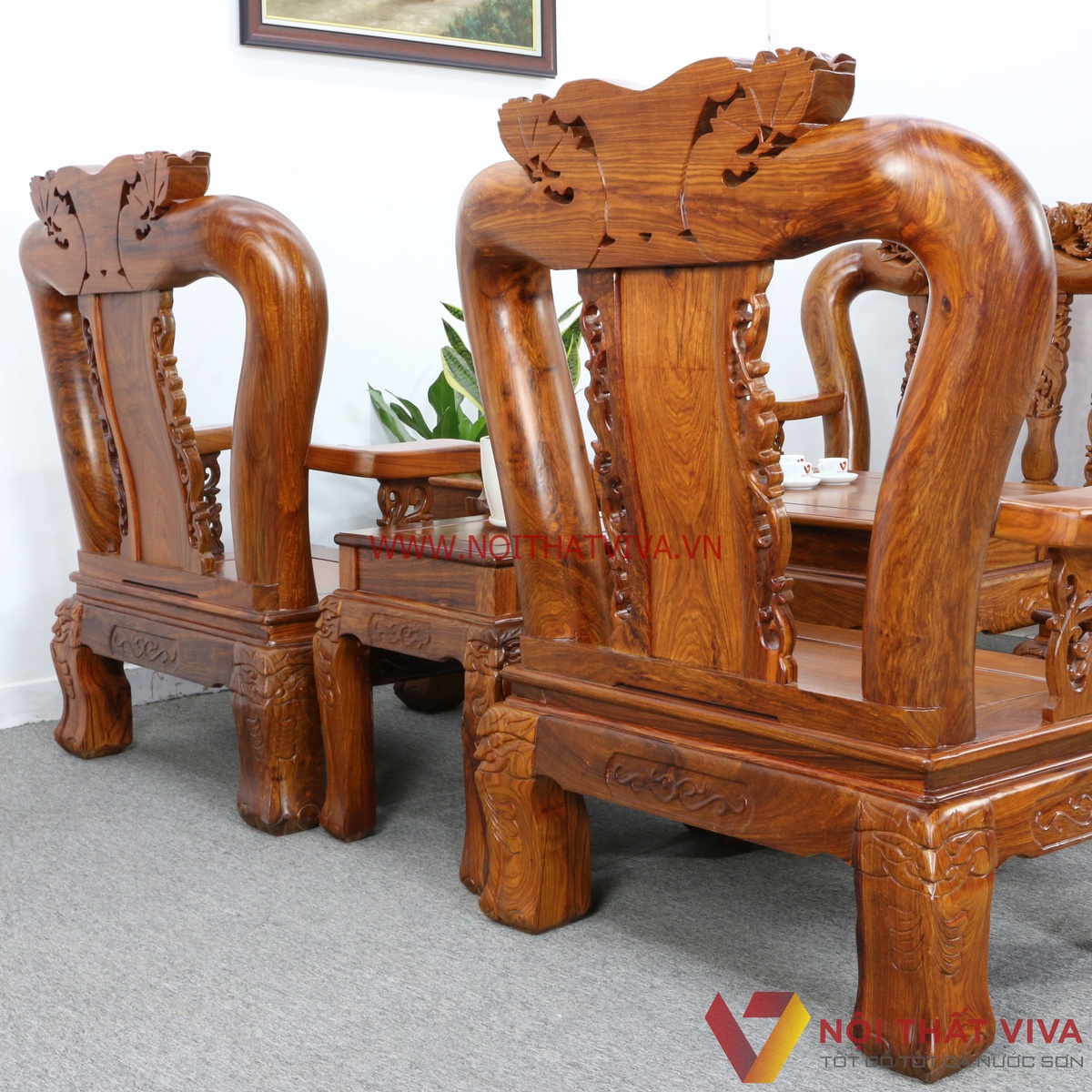 Bộ Bàn Ghế Salon Gỗ Hương Vân Tay 14 Chạm Đào 6 Món Cao Cấp