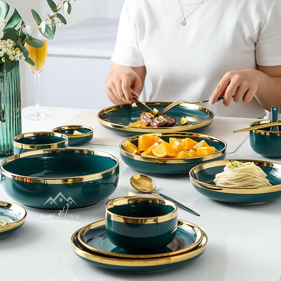 Bộ Bát, Đĩa Sứ Màu Xanh Cổ Vịt - Sứ Cẩm Thạch Viền Vàng 24k Sang Trọng