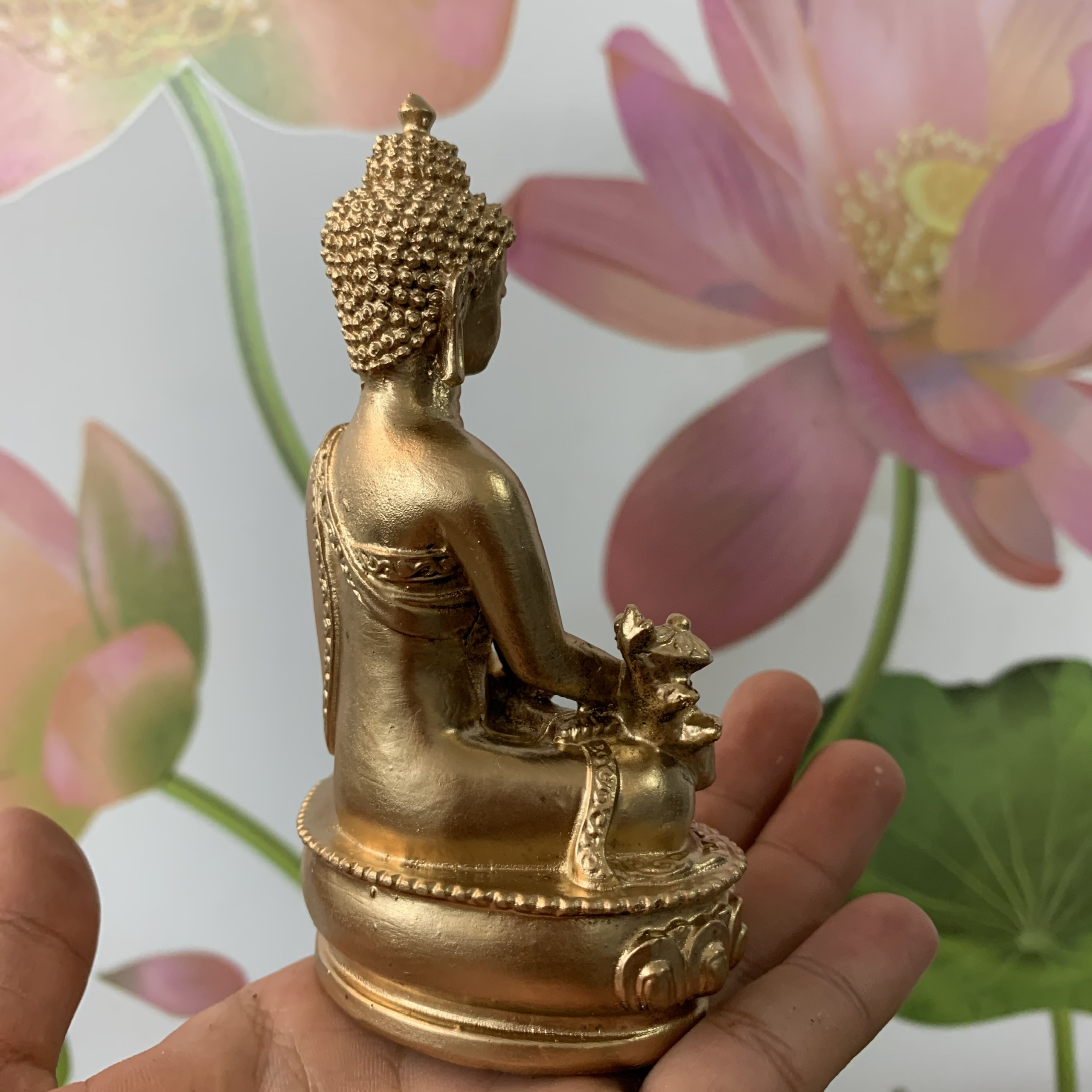 Tượng đá Phật Dược Sư Lưu Ly Quang ngồi tòa sen - Cao 12cm - Màu nhũ đồng