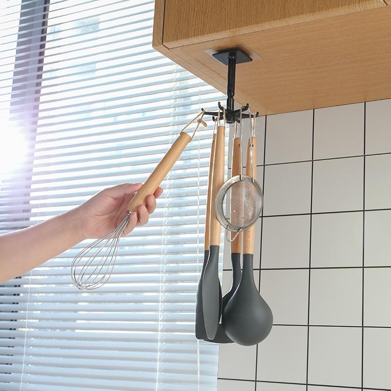 Giá treo đồ dùng nhà bếp, nhà tắm 6 chấu xoay 360 độ có thể gấp gọn treo 2 kiểu tiện lợi- Móc treo dụng cụ nhà bếp 6 móc