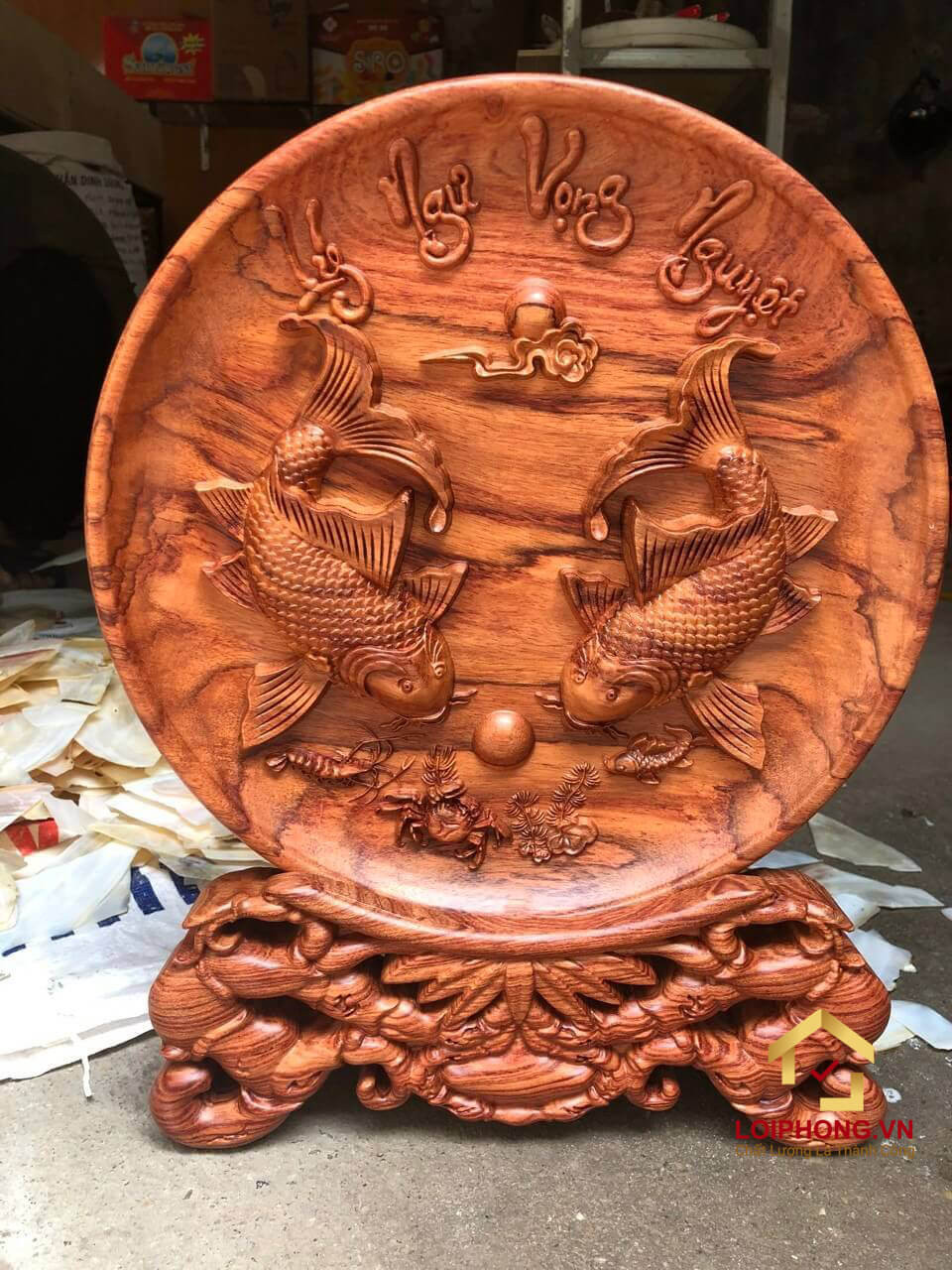 Đĩa gỗ trang trí lý ngư vọng nguyệt bằng gỗ hương đường kính đĩa 30 - 35 - 40 cm dày 4 cm